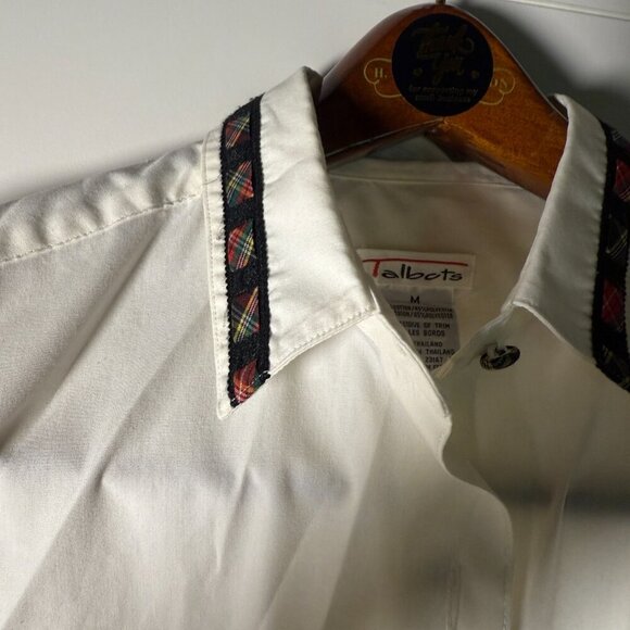 Talbots Long Sleeve Button Down Cream with Tartan Plaid Trim & Buttons Size Med - Picture 7 of 8